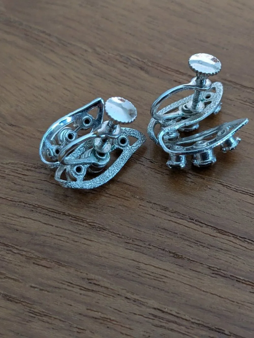 Vintage Silver Tone Leaf Screw Back Earrings Marquise Clear Rhinestone Cluster